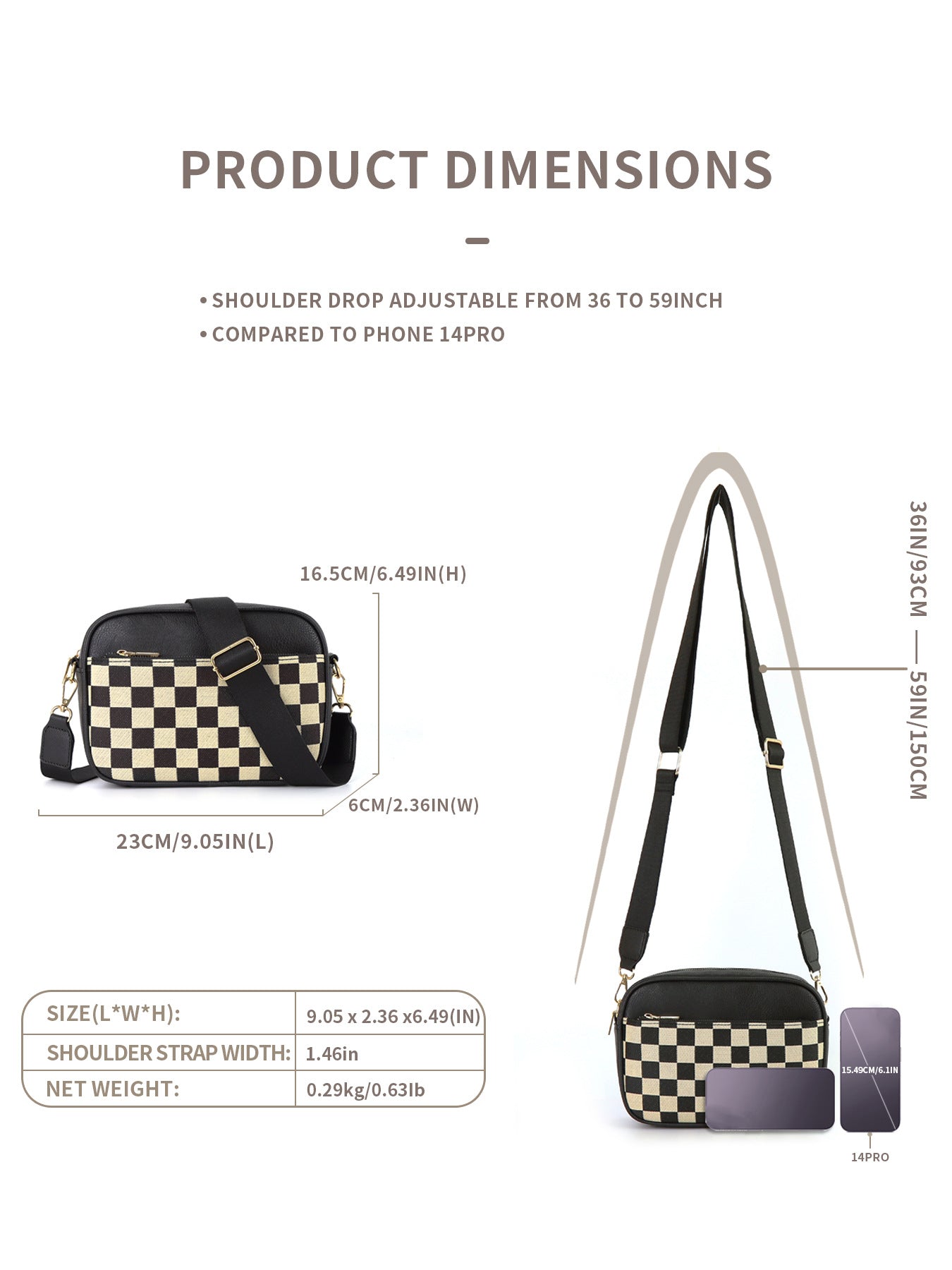 Black Stylish Checkerboard Crossbody Camera Bag - PU Leather with Adjustable Wide Strap 6