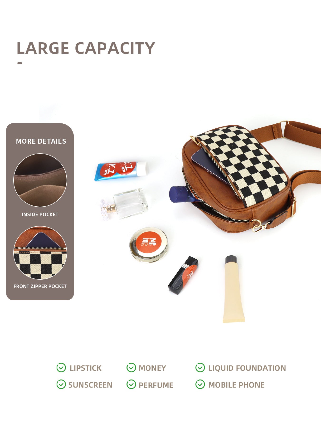 Brown Stylish Checkerboard Crossbody Camera Bag - PU Leather with Adjustable Wide Strap 3