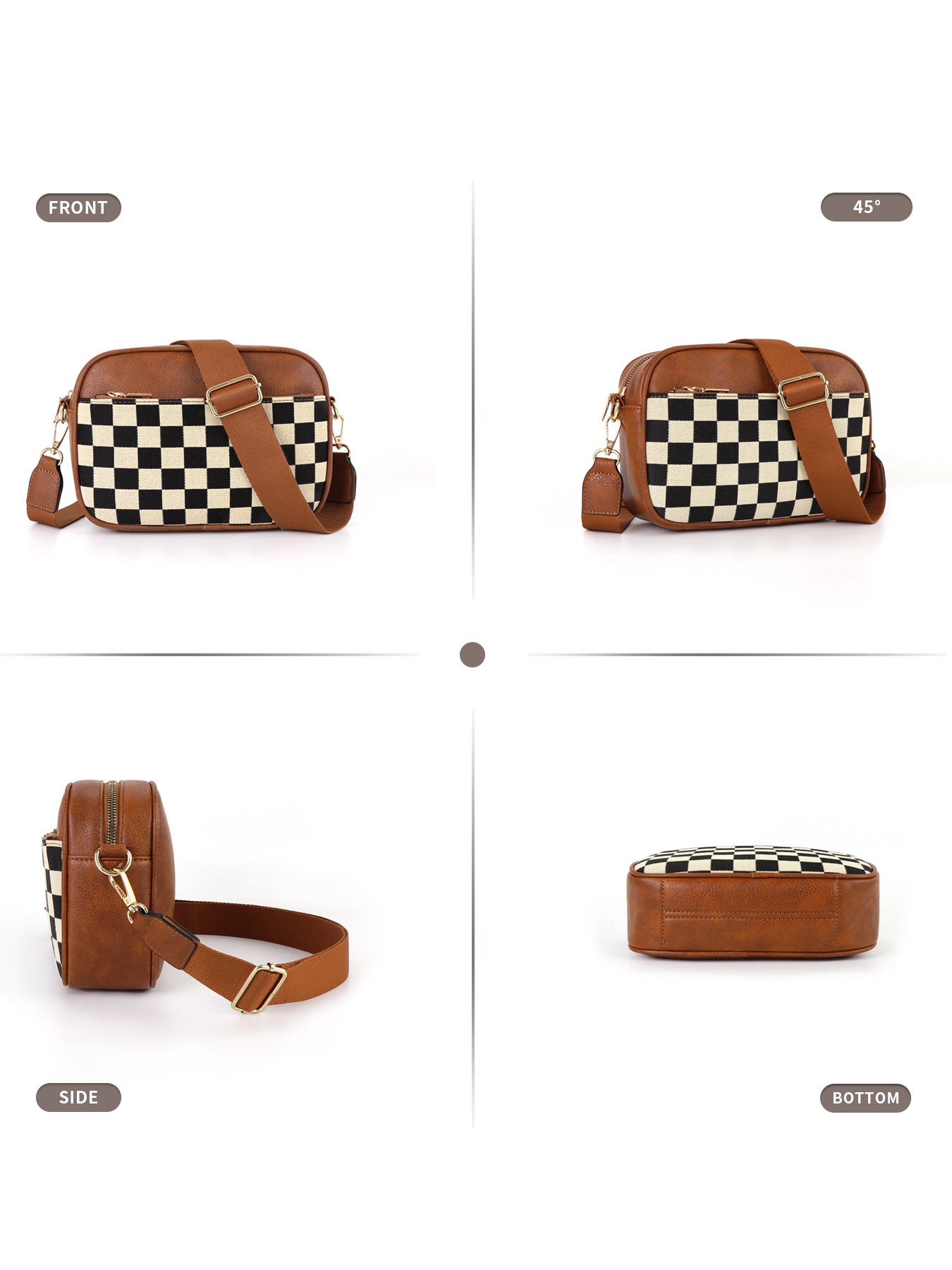 Brown Stylish Checkerboard Crossbody Camera Bag - PU Leather with Adjustable Wide Strap 4