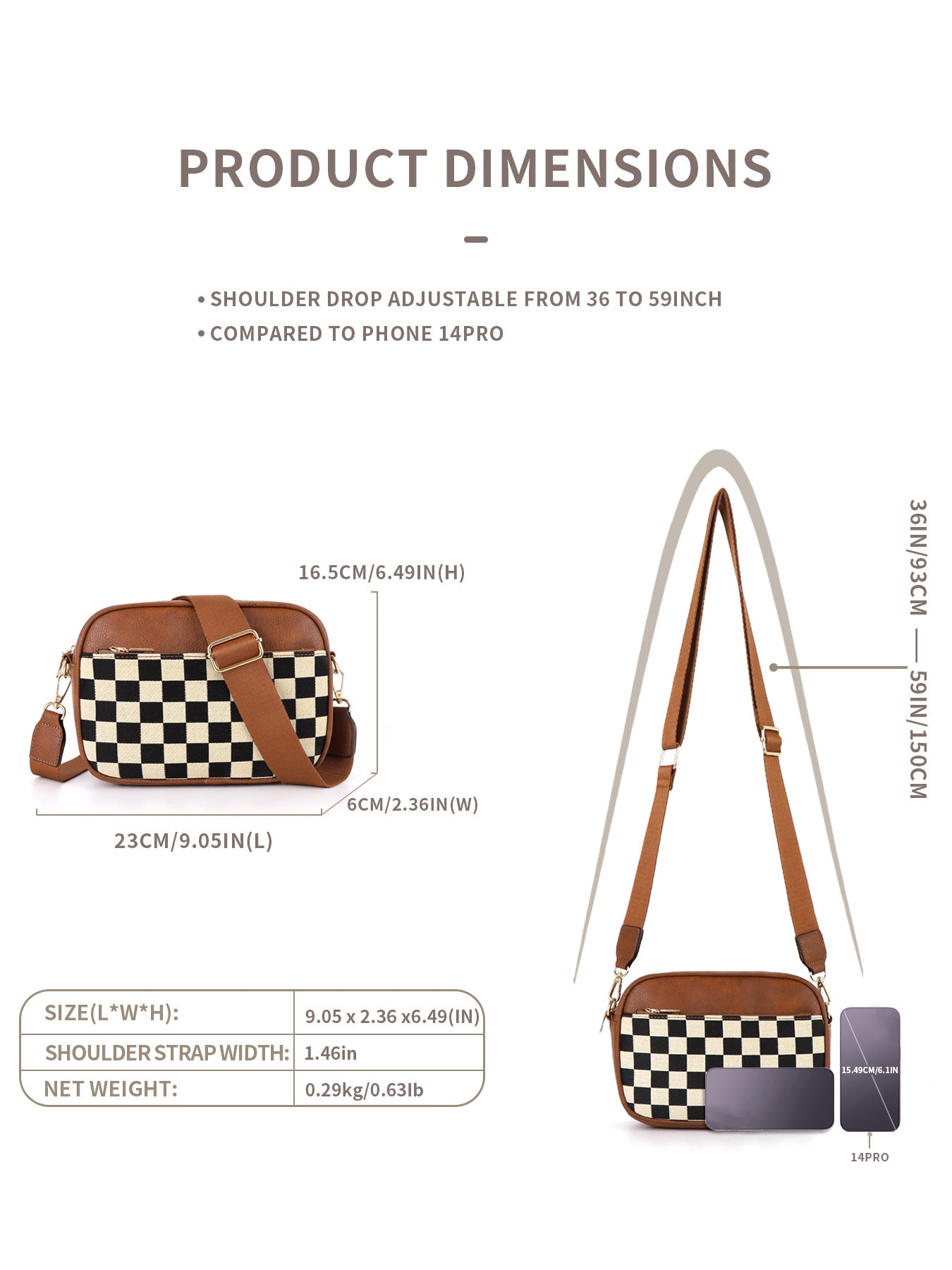 Brown Stylish Checkerboard Crossbody Camera Bag - PU Leather with Adjustable Wide Strap 5
