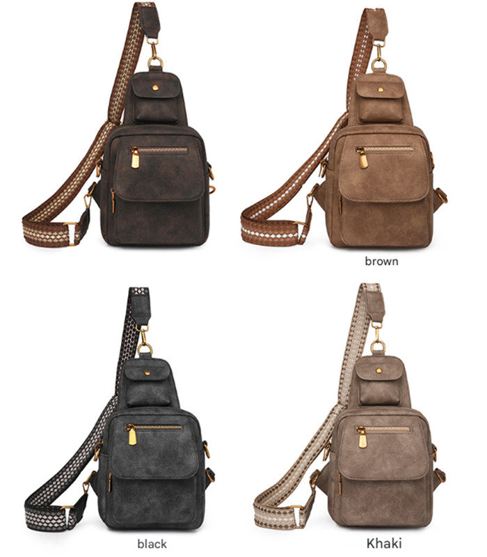 Khaki Stylish PU Leather Sling Crossbody Bag for Women - Multi-Pocket Chest Pack with Adjustable Wide Strap