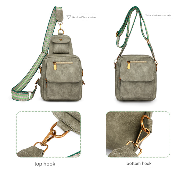 Khaki Stylish PU Leather Sling Crossbody Bag for Women - Multi-Pocket Chest Pack with Adjustable Wide Strap 4