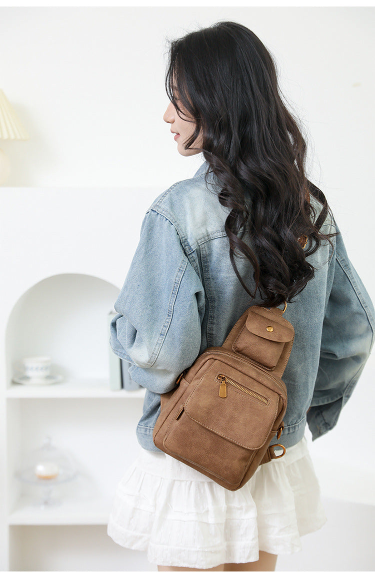 Khaki Stylish PU Leather Sling Crossbody Bag for Women - Multi-Pocket Chest Pack with Adjustable Wide Strap 5