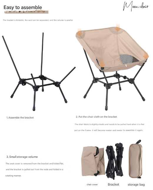 Khaki Lightweight Portable Camping Chair - Adjustable Height Folding Moon Chair with Breathable Mesh & Carry Bag for Outdoor, Beach, Fishing 5