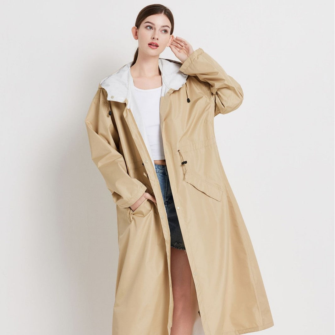 Size L Khaki Women's Chic Lightweight Waterproof Raincoat - Long Hooded Packable Rain Jacket with Pouch