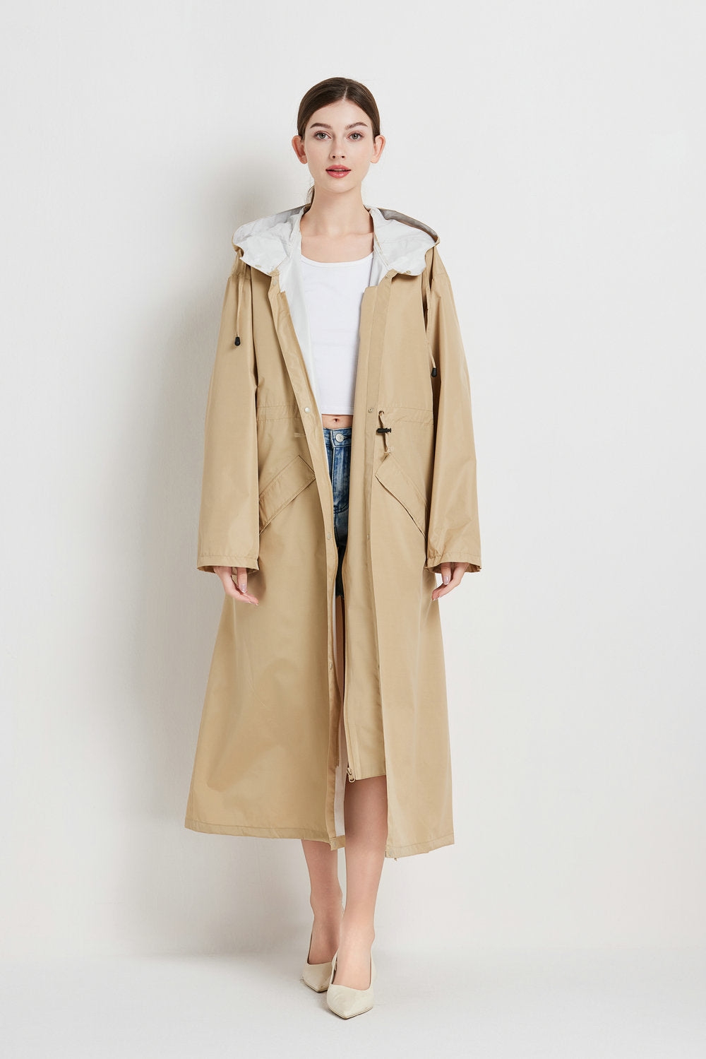 Size L Khaki Women's Chic Lightweight Waterproof Raincoat - Long Hooded Packable Rain Jacket with Pouch 3