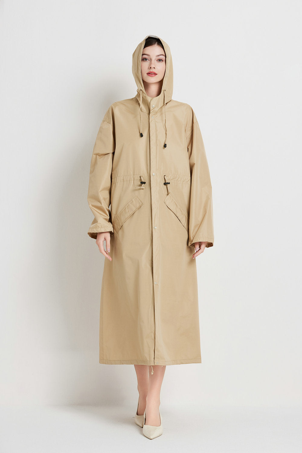 Size L Khaki Women's Chic Lightweight Waterproof Raincoat - Long Hooded Packable Rain Jacket with Pouch 4