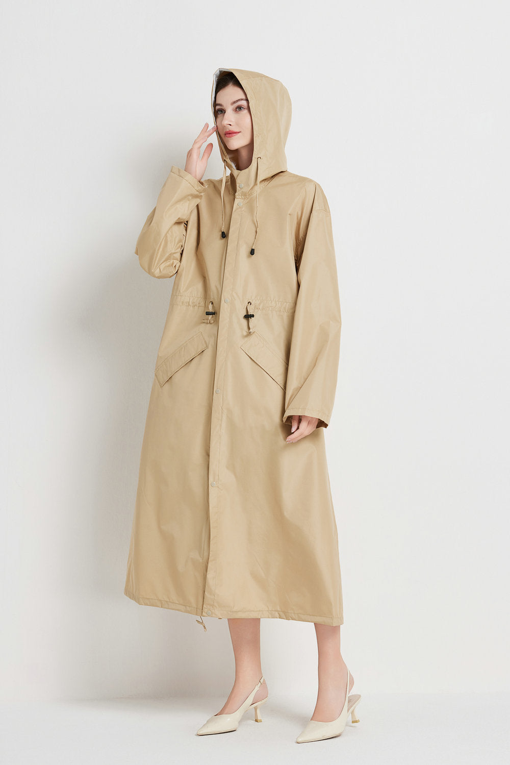 Size XL Khaki Women's Chic Lightweight Waterproof Raincoat - Long Hooded Packable Rain Jacket with Pouch 5