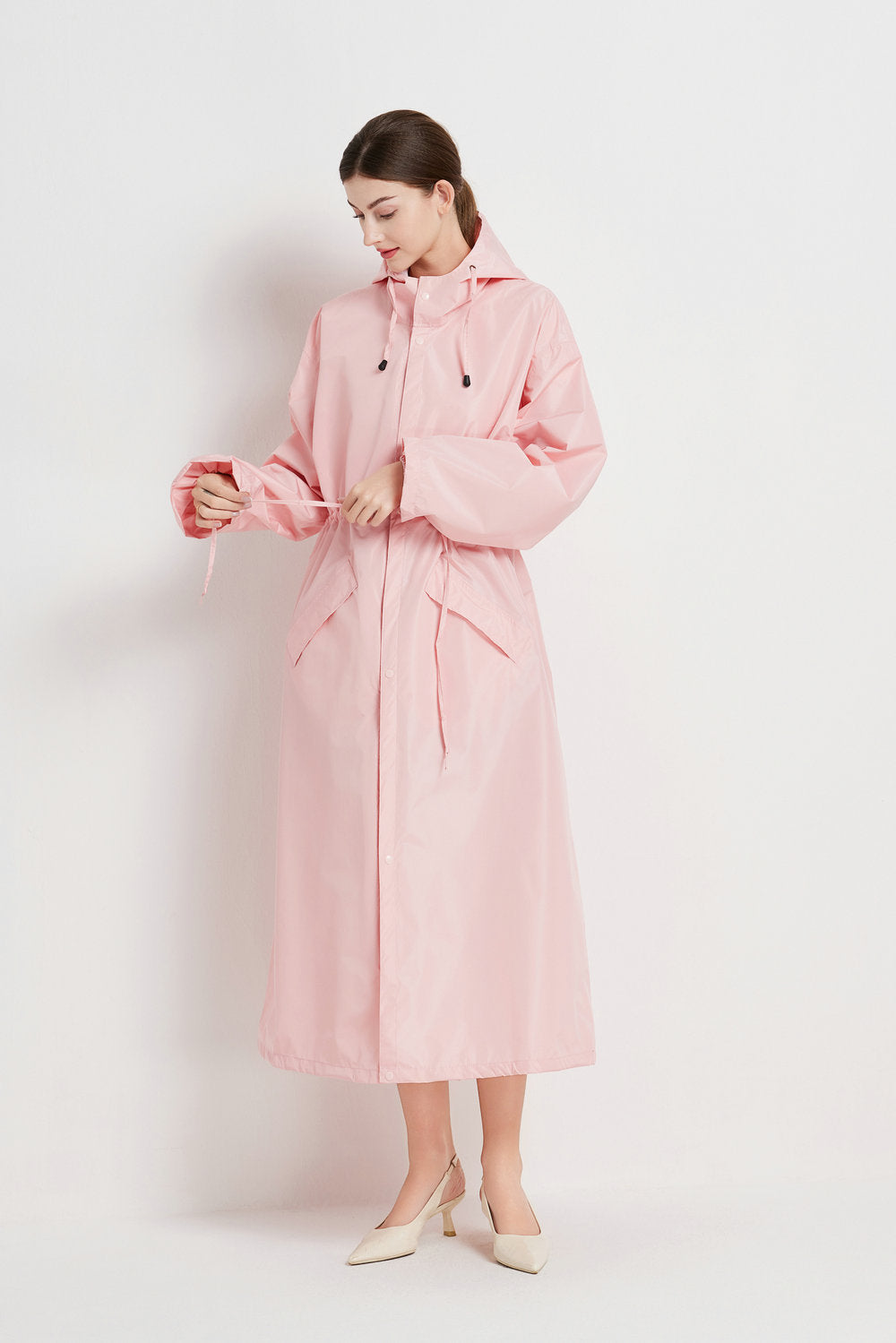 Size M Pink Women's Chic Lightweight Waterproof Raincoat - Long Hooded Packable Rain Jacket with Pouch 3