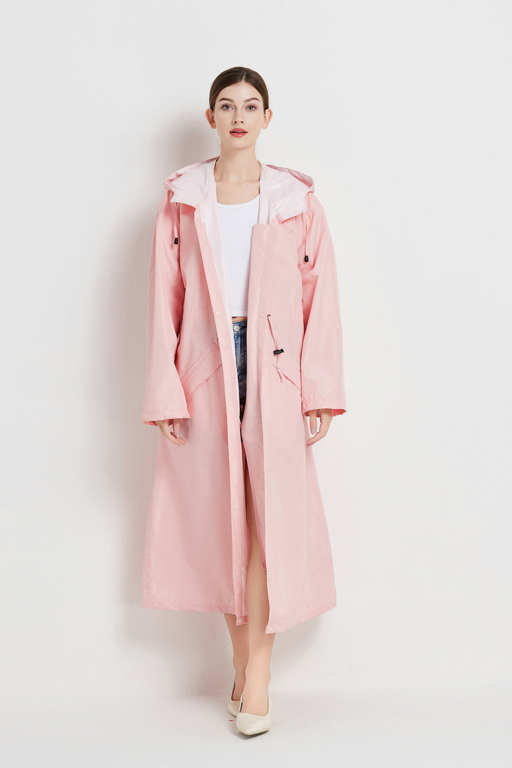 Size M Pink Women's Chic Lightweight Waterproof Raincoat - Long Hooded Packable Rain Jacket with Pouch 4