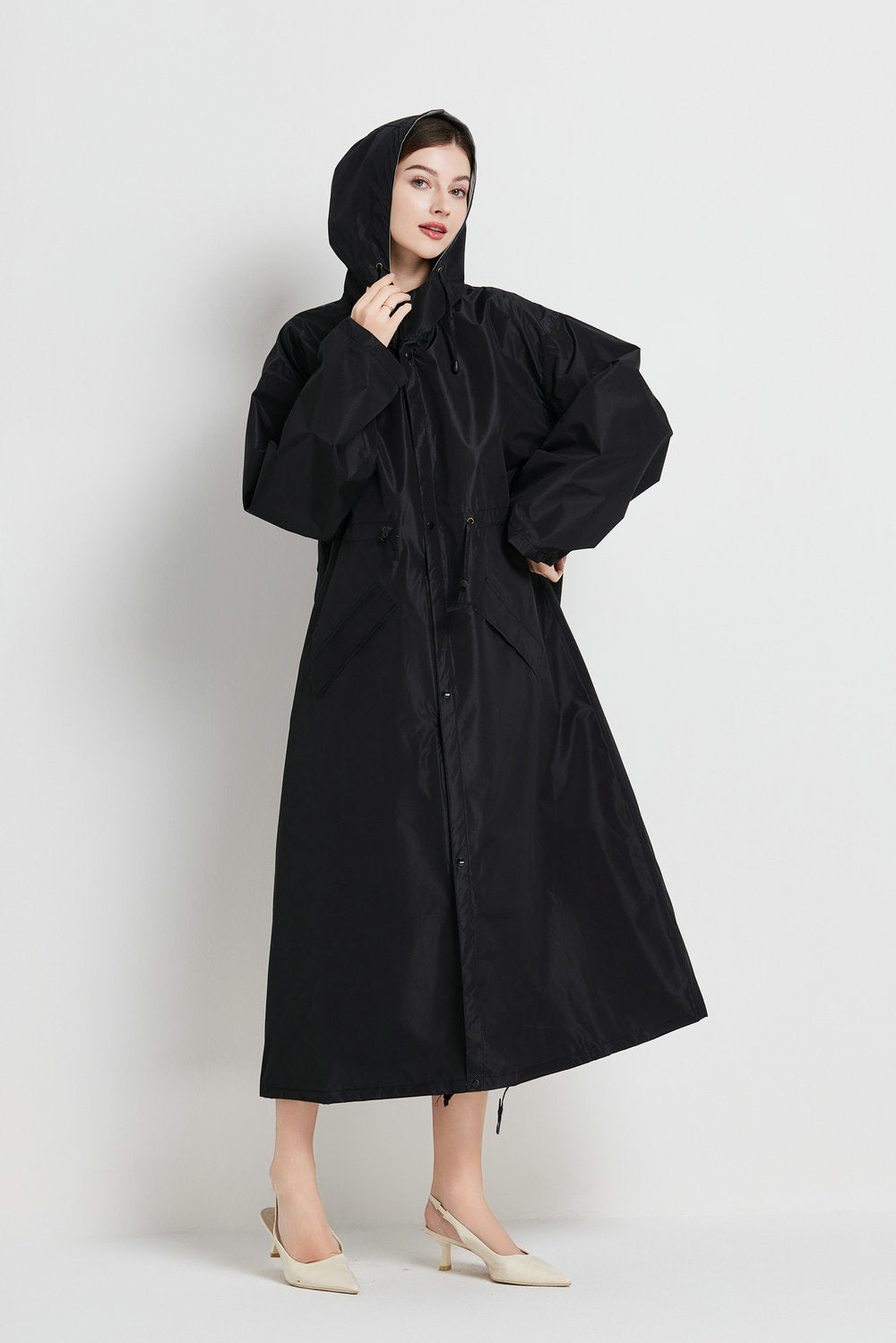 Size L Black Women's Chic Lightweight Waterproof Raincoat - Long Hooded Packable Rain Jacket with Pouch
