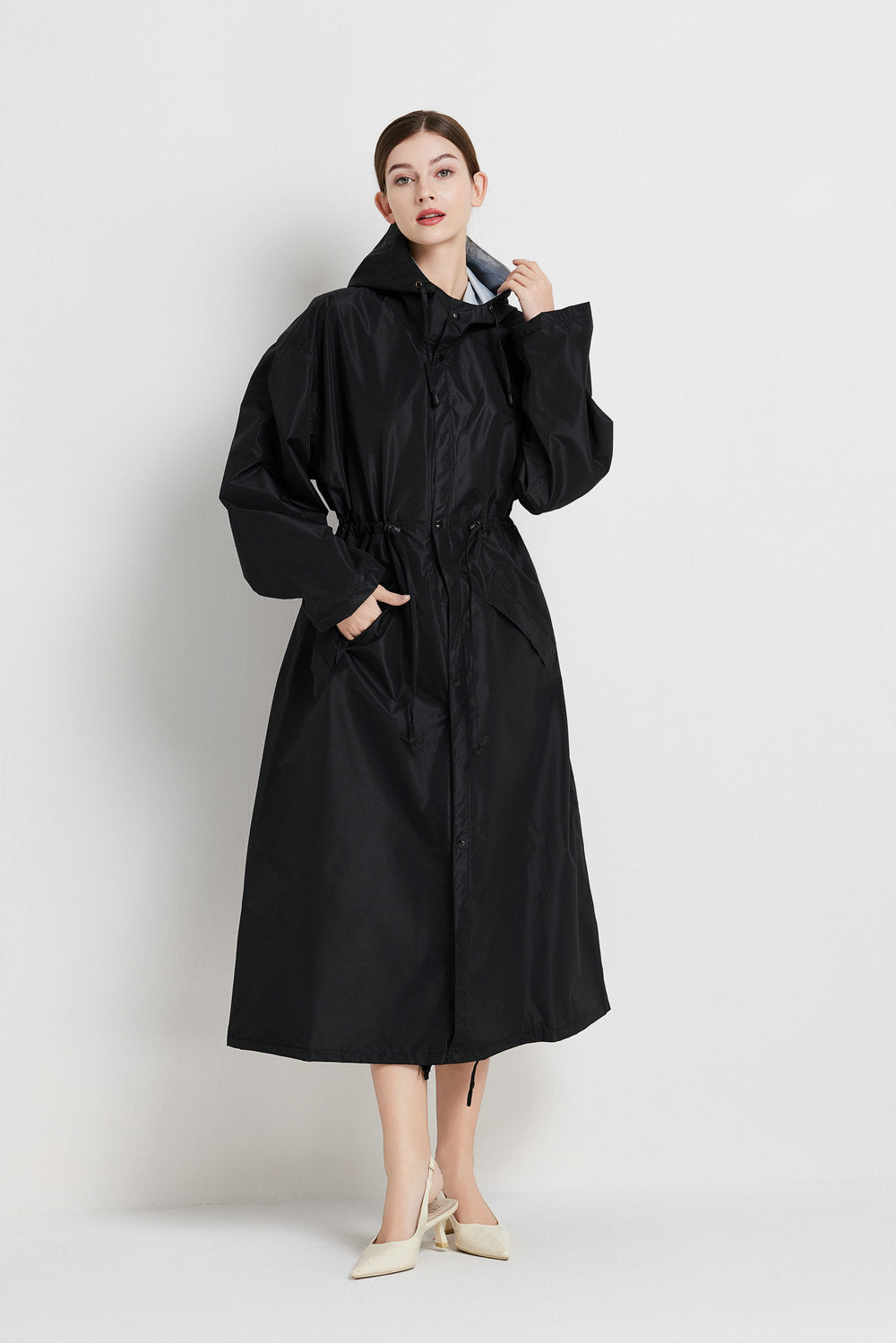 Size XL Black Women's Chic Lightweight Waterproof Raincoat - Long Hooded Packable Rain Jacket with Pouch 4