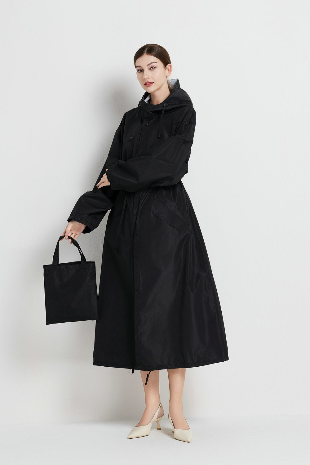 Size XL Black Women's Chic Lightweight Waterproof Raincoat - Long Hooded Packable Rain Jacket with Pouch 5