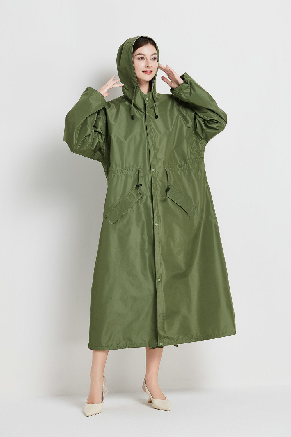 Size L Green Women's Chic Lightweight Waterproof Raincoat - Long Hooded Packable Rain Jacket with Pouch 3