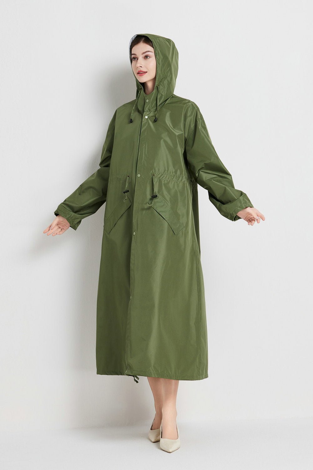Size L Green Women's Chic Lightweight Waterproof Raincoat - Long Hooded Packable Rain Jacket with Pouch 4