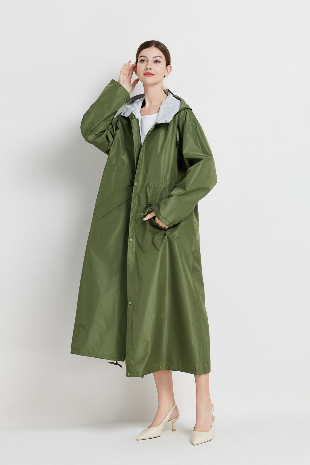 Size L Green Women's Chic Lightweight Waterproof Raincoat - Long Hooded Packable Rain Jacket with Pouch 5
