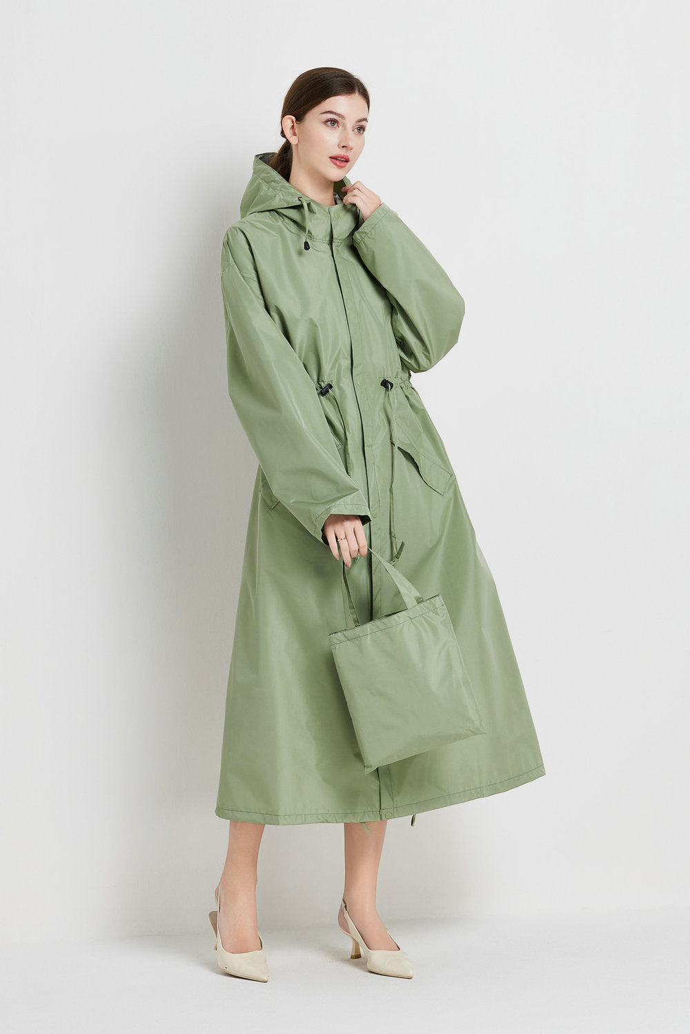 Size XL Green Women's Chic Lightweight Waterproof Raincoat - Long Hooded Packable Rain Jacket with Pouch