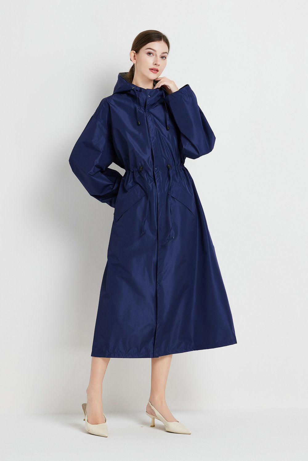 Size L Dark Blue Women's Chic Lightweight Waterproof Raincoat - Long Hooded Packable Rain Jacket with Pouch 3