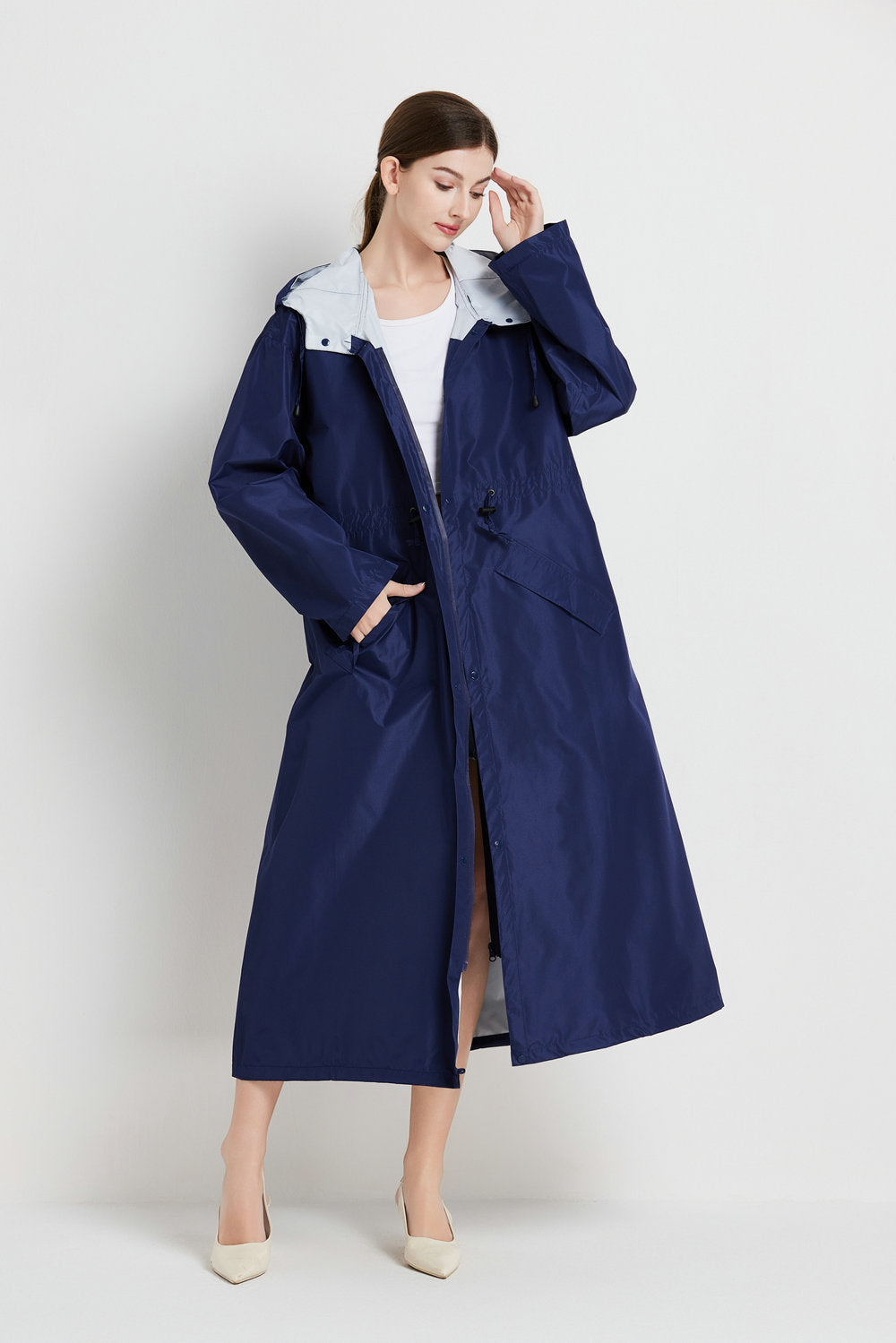 Size M Dark Blue Women's Chic Lightweight Waterproof Raincoat - Long Hooded Packable Rain Jacket with Pouch 4