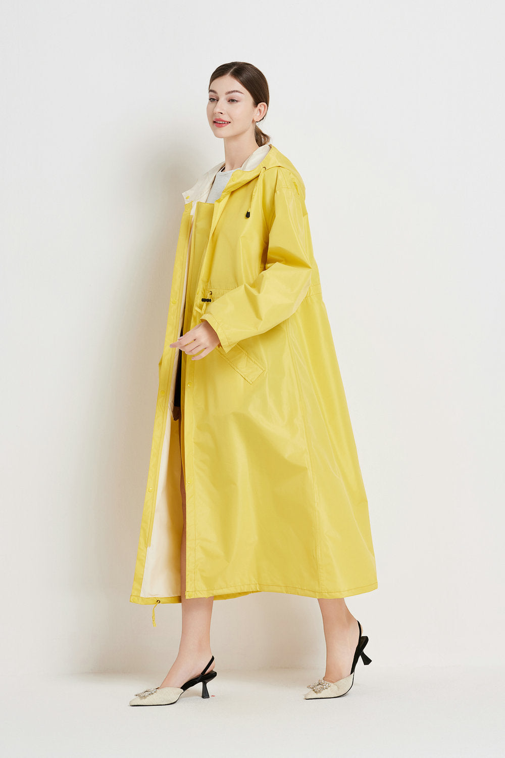 Size M Yellow Women's Chic Lightweight Waterproof Raincoat - Long Hooded Packable Rain Jacket with Pouch 4