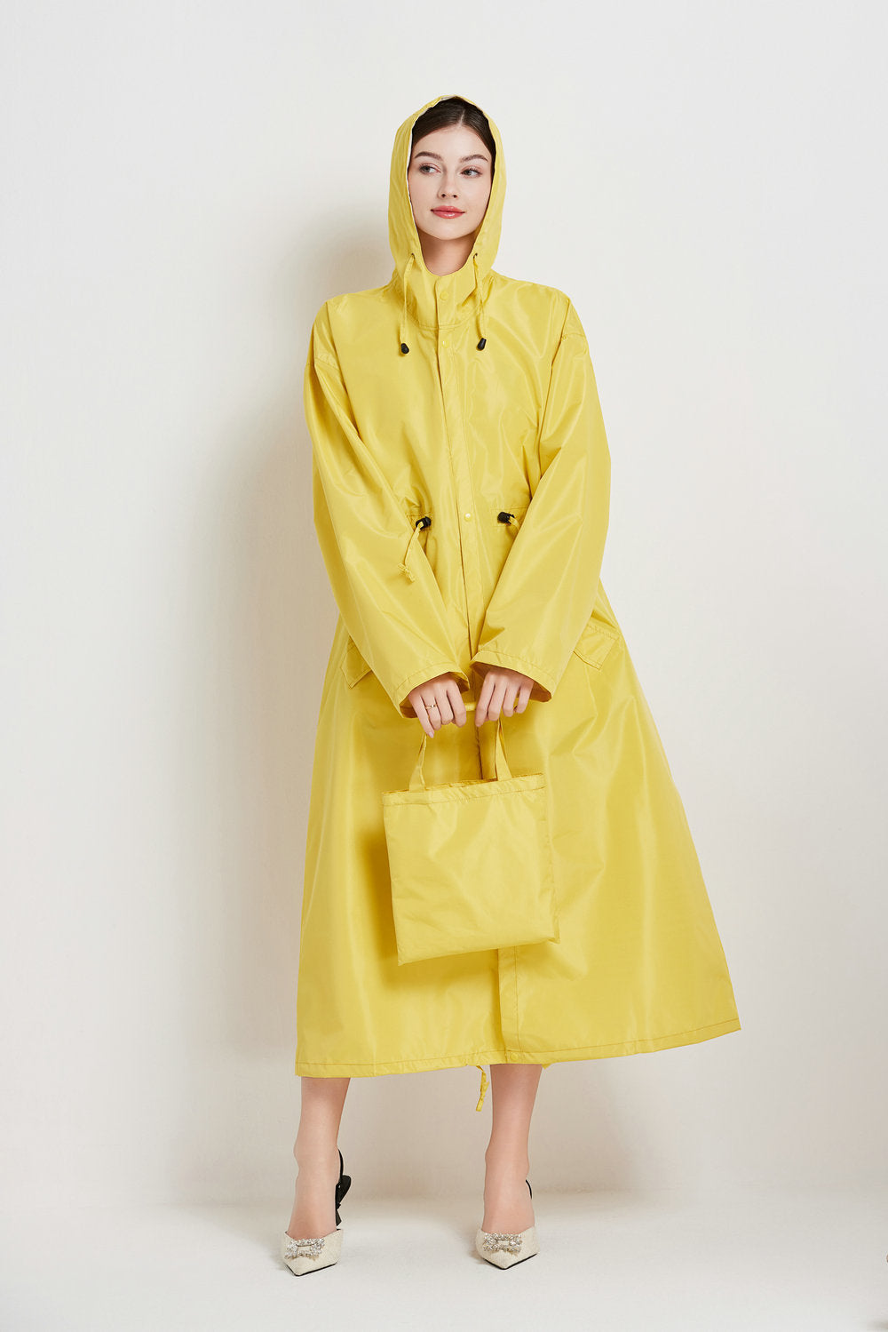 Size L Yellow Women's Chic Lightweight Waterproof Raincoat - Long Hooded Packable Rain Jacket with Pouch