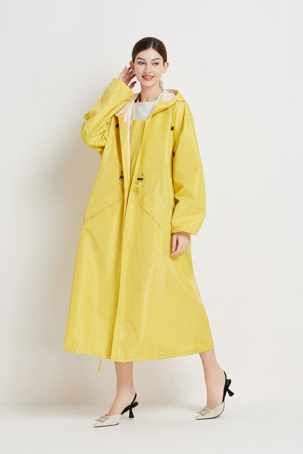 Size XL Yellow Women's Chic Lightweight Waterproof Raincoat - Long Hooded Packable Rain Jacket with Pouch 3