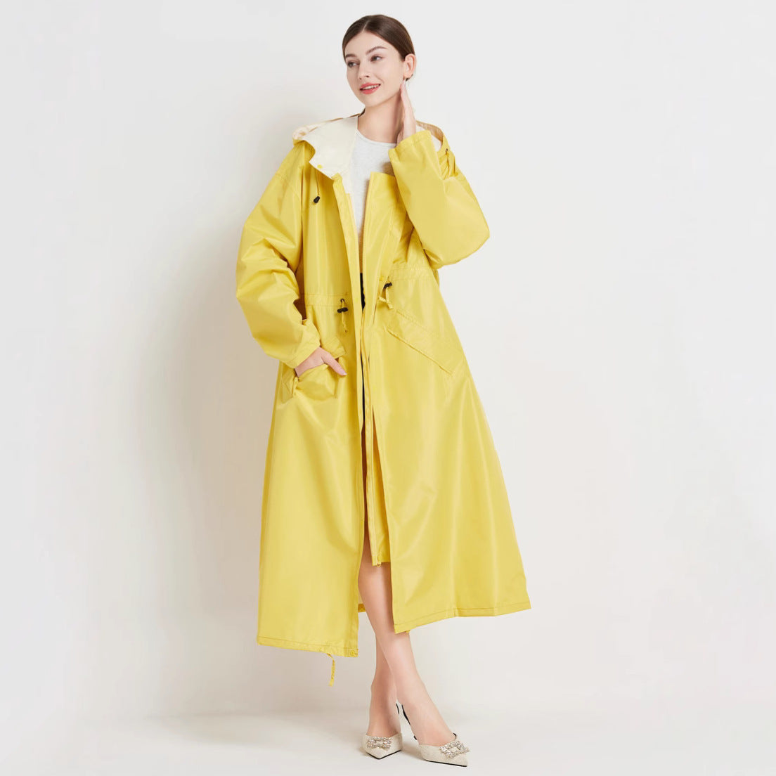 Size XL Yellow Women's Chic Lightweight Waterproof Raincoat - Long Hooded Packable Rain Jacket with Pouch 5