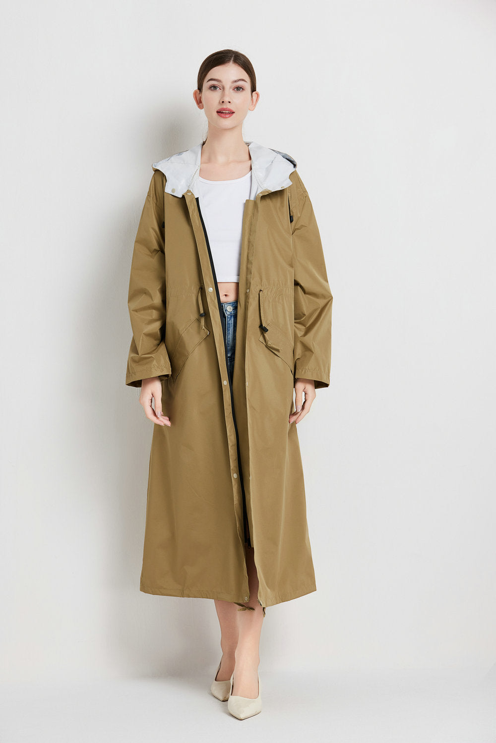 Size M Brown Women's Chic Lightweight Waterproof Raincoat - Long Hooded Packable Rain Jacket with Pouch 5