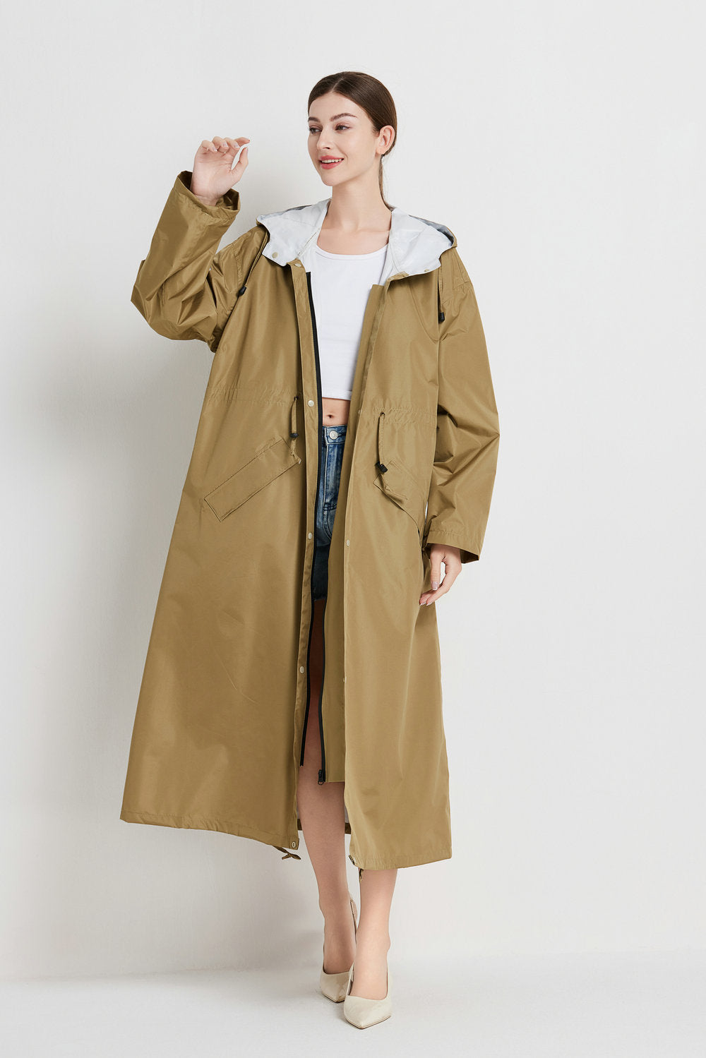 Size L Brown Women's Chic Lightweight Waterproof Raincoat - Long Hooded Packable Rain Jacket with Pouch 4