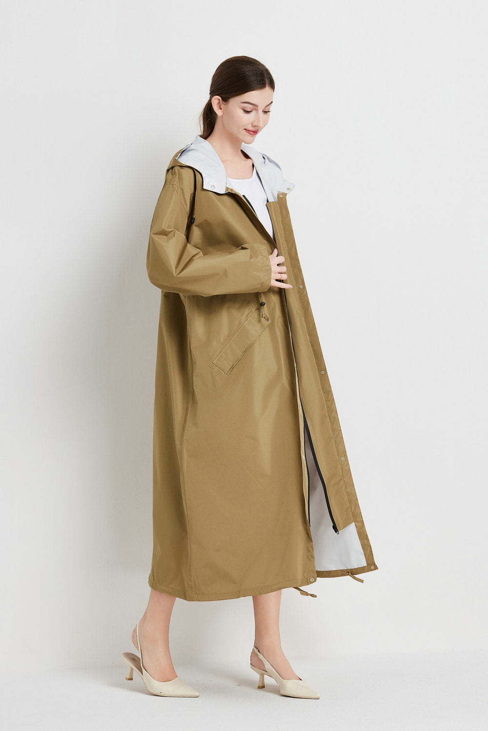 Size XL Brown Women's Chic Lightweight Waterproof Raincoat - Long Hooded Packable Rain Jacket with Pouch 3