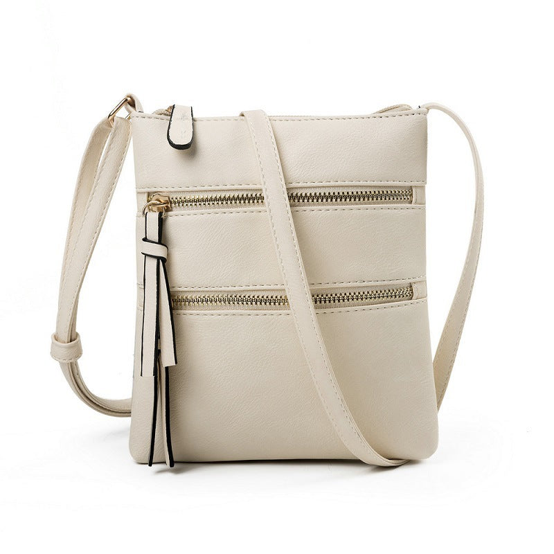 Beige Compact Women's Crossbody Bag - Adjustable Strap, Double Zipper Closure, 18x21cm Lightweight PU Leather Shoulder Bag 4
