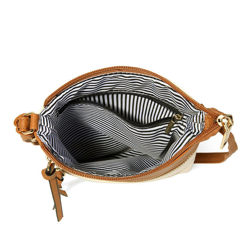 Brown and White Compact Women's Crossbody Bag - Adjustable Strap, Double Zipper Closure, 18x21cm Lightweight PU Leather Shoulder Bag 3
