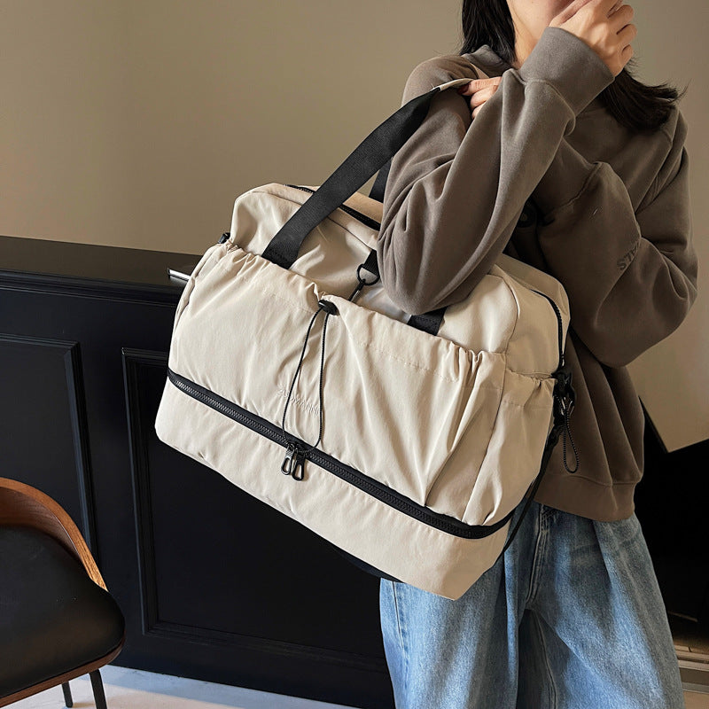 Beige and Black Large Capacity Travel Bag with Wet/Dry Separation - Canvas + Polyester, Lightweight Handbag for Short Trips and Fitness, Fits on Luggage 6