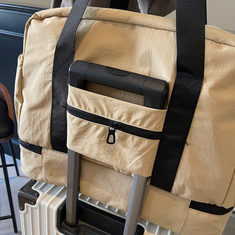 khaki and Black Large Capacity Travel Bag with Wet/Dry Separation - Canvas + Polyester, Lightweight Handbag for Short Trips and Fitness, Fits on Luggage 4