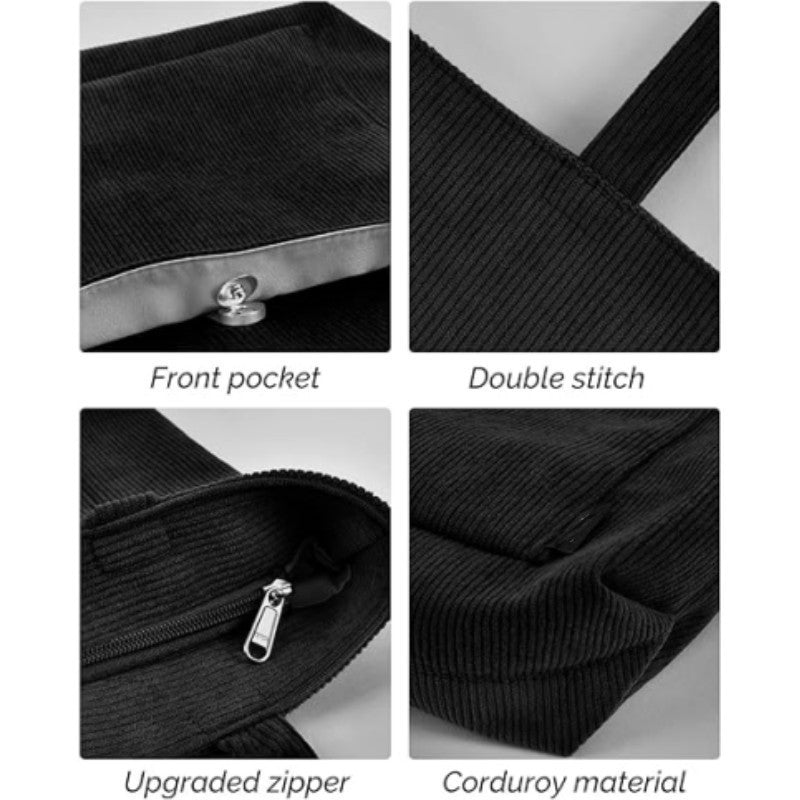 Black Stylish Corduroy Canvas Tote Bag - Fashionable and Retro Shoulder Bag 3
