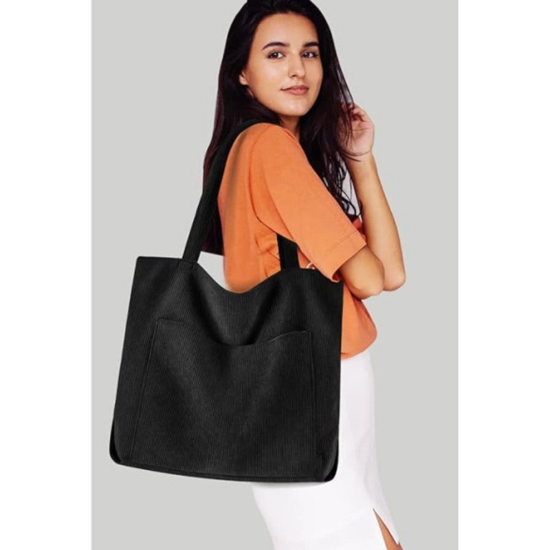 White Stylish Corduroy Canvas Tote Bag - Fashionable and Retro Shoulder Bag 4