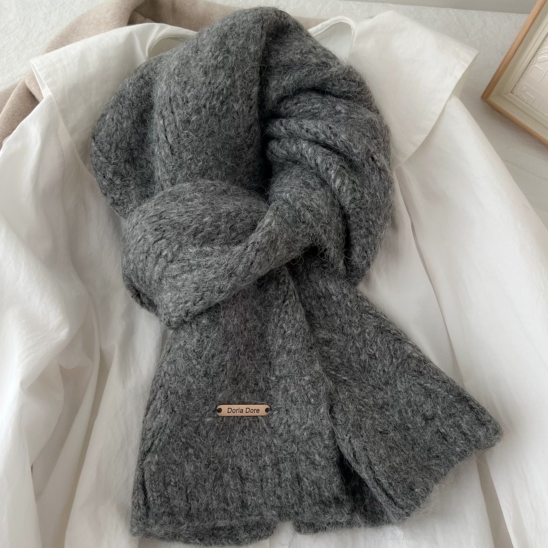 Dark Grey Alpaca Wool Blend Solid Color Knitted Scarf for Women Winter New Style Student High Quality Couple Woolen Neck Warmer