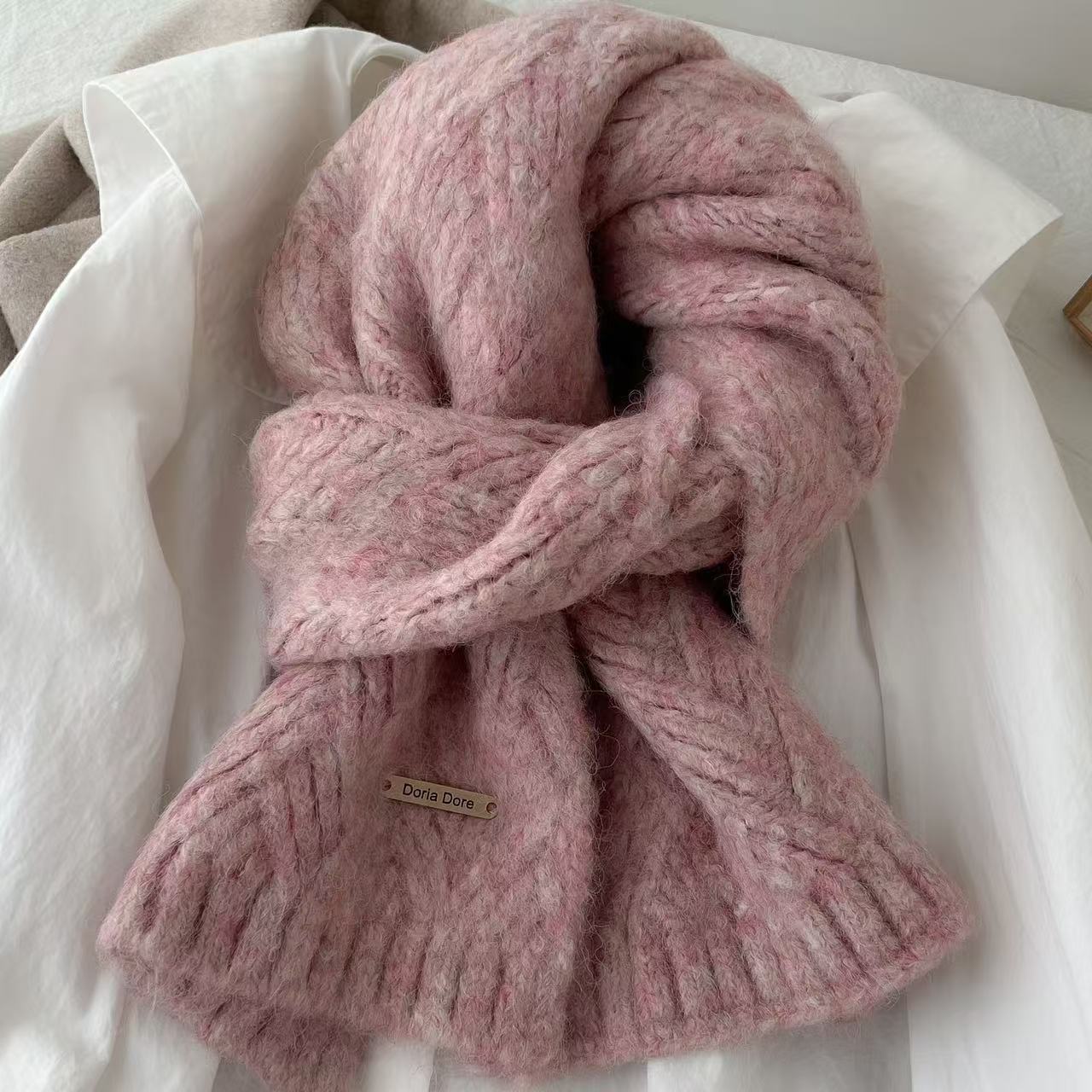 Pink Alpaca Wool Blend Solid Color Knitted Scarf for Women Winter New Style Student High Quality Couple Woolen Neck Warmer