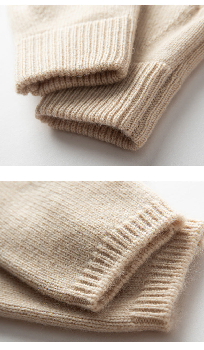Beige Color Block Cashmere Fingerless Gloves for Women Autumn Winter Outdoor Cold Protection Warm Knitted Gloves 4