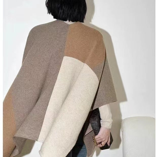 Brown Pure Wool Extra Large Shawl Scarf Color Block Multi-functional Warm Cashmere Cape Poncho 3