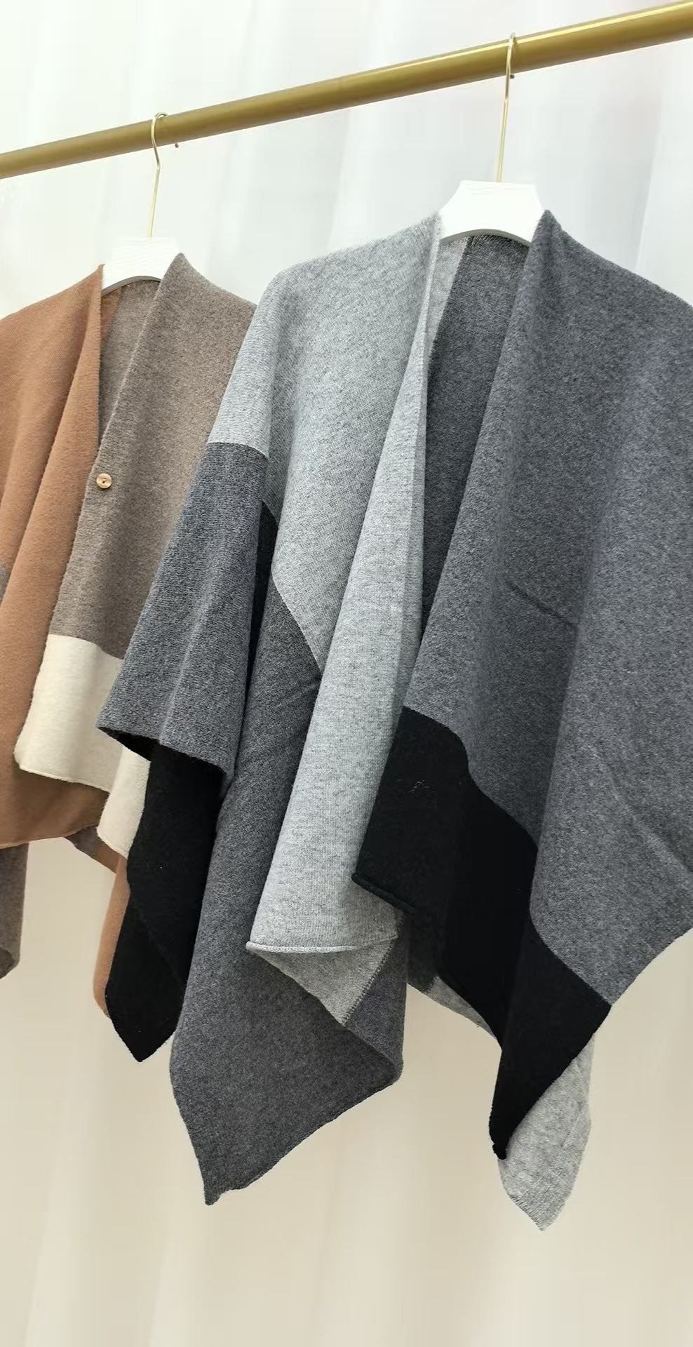 Brown Pure Wool Extra Large Shawl Scarf Color Block Multi-functional Warm Cashmere Cape Poncho 5