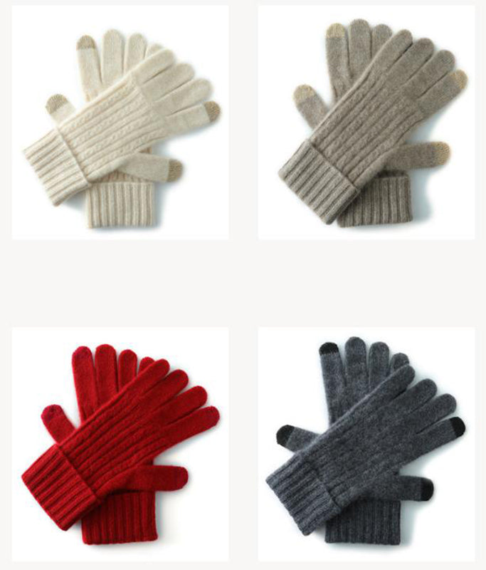 Beige Unisex Touchscreen Ribbed Warm Cycling Windproof Knitted Five-finger Gloves 3