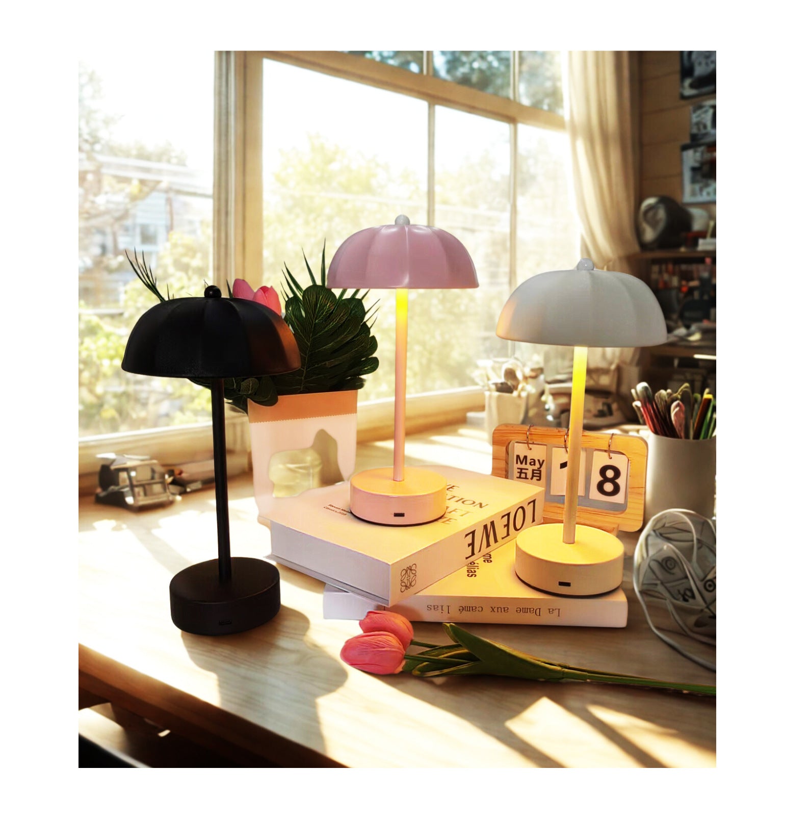 Black Chic Mushroom LED Table Lamp - Rechargeable Cordless Touch Control 3-Color Adjustable Light for Bedroom Living Room Decor