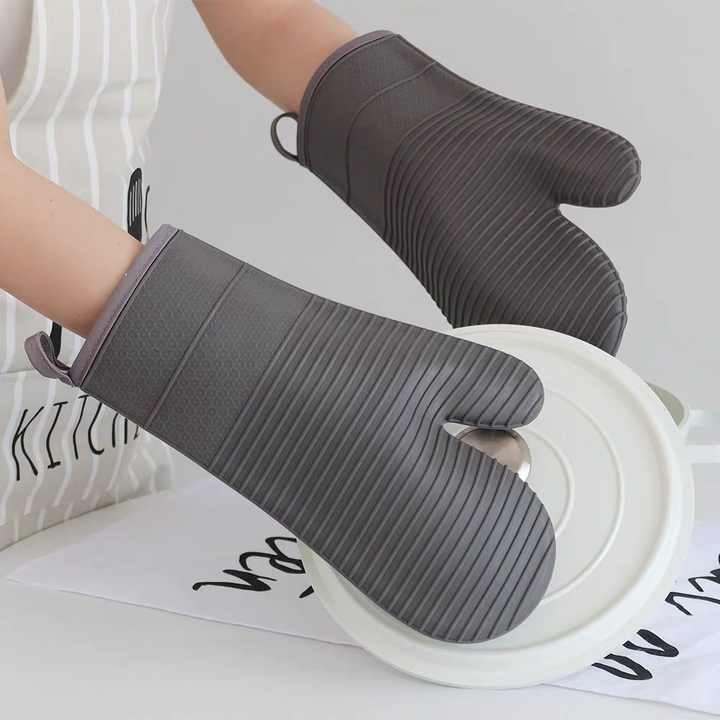 Grey Premium Heat Resistant Silicone Oven Mitts (Pair) - Non-Slip Grip, Cotton Lined for Kitchen Baking, Grilling & BBQ 4
