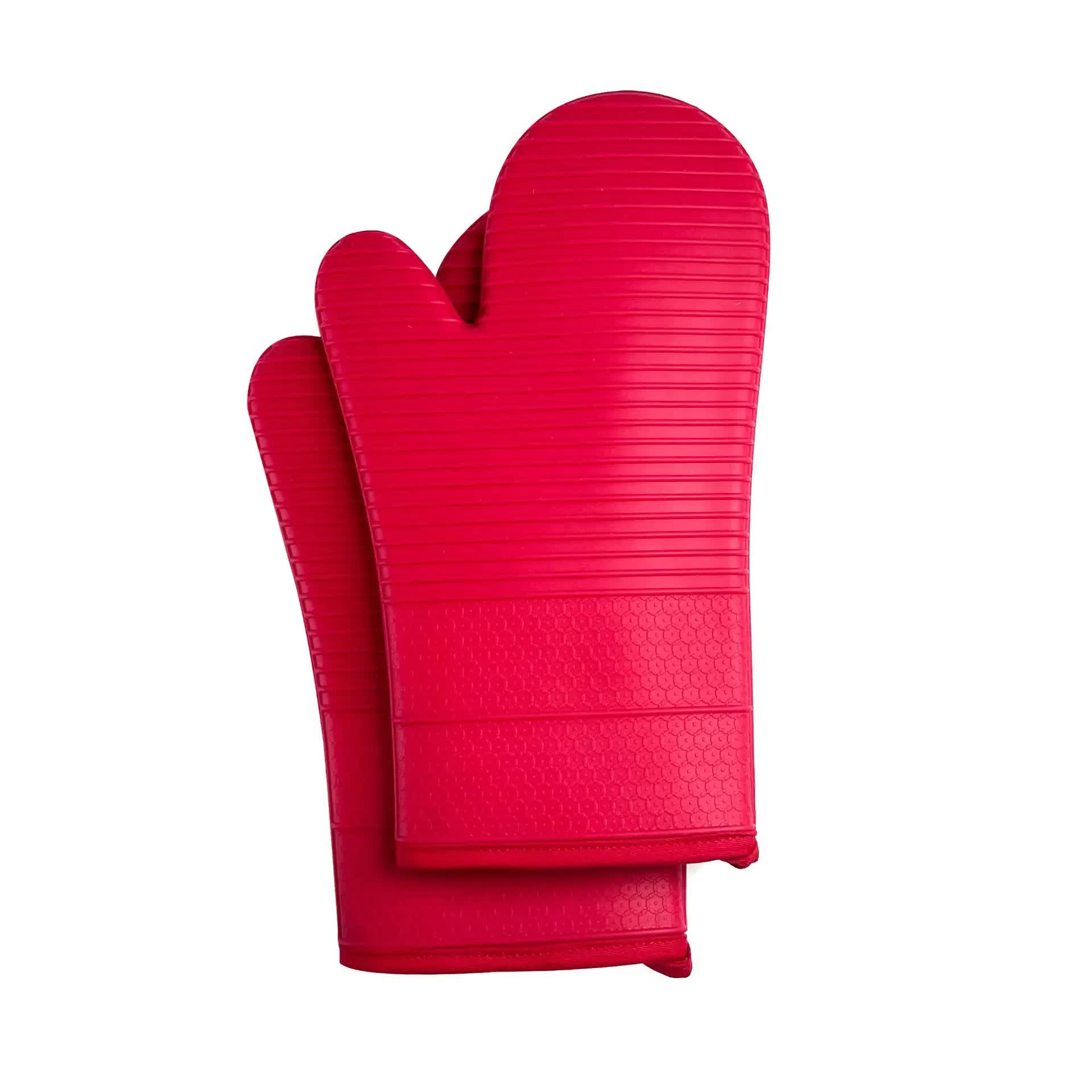 Red Premium Heat Resistant Silicone Oven Mitts (Pair) - Non-Slip Grip, Cotton Lined for Kitchen Baking, Grilling & BBQ