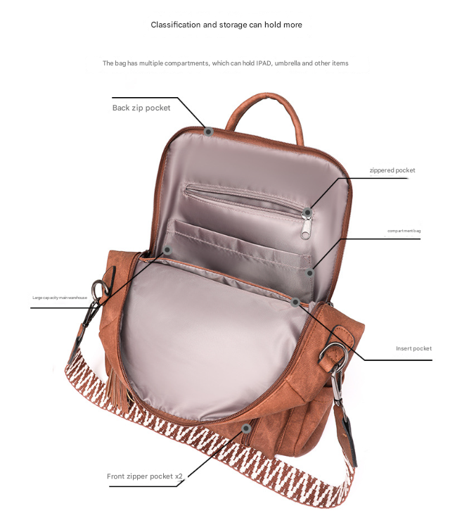 Black Chic Women's PU Leather Convertible Backpack - Anti-Theft Design, Multi-Pocket Shoulder Bag with Tassel 6