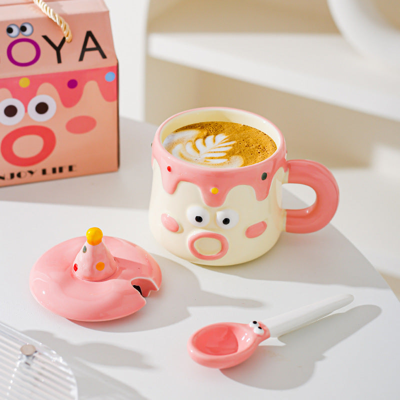 Blue Adorable Cartoon Character Ceramic Mug Set - 420ml with Fun Cake Design Lid & Matching Spoon - Perfect Gift 3