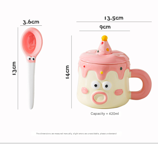 Blue Adorable Cartoon Character Ceramic Mug Set - 420ml with Fun Cake Design Lid & Matching Spoon - Perfect Gift 4