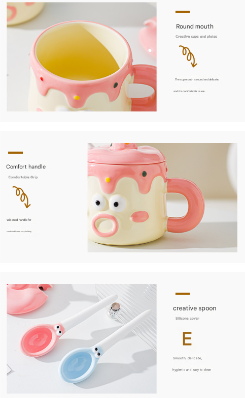 Blue Adorable Cartoon Character Ceramic Mug Set - 420ml with Fun Cake Design Lid & Matching Spoon - Perfect Gift 5
