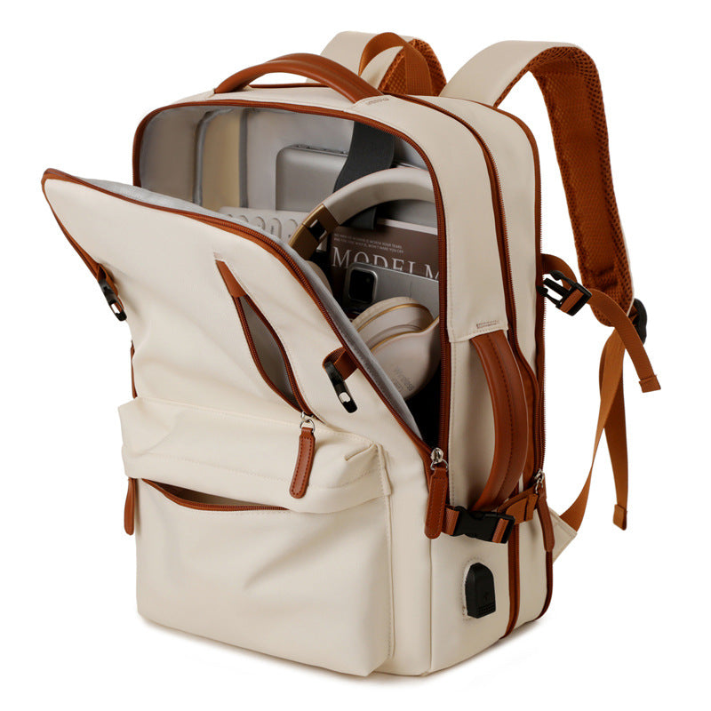 Beige Expandable Laptop Backpack with USB Port - Stylish Travel & Business Daypack 3